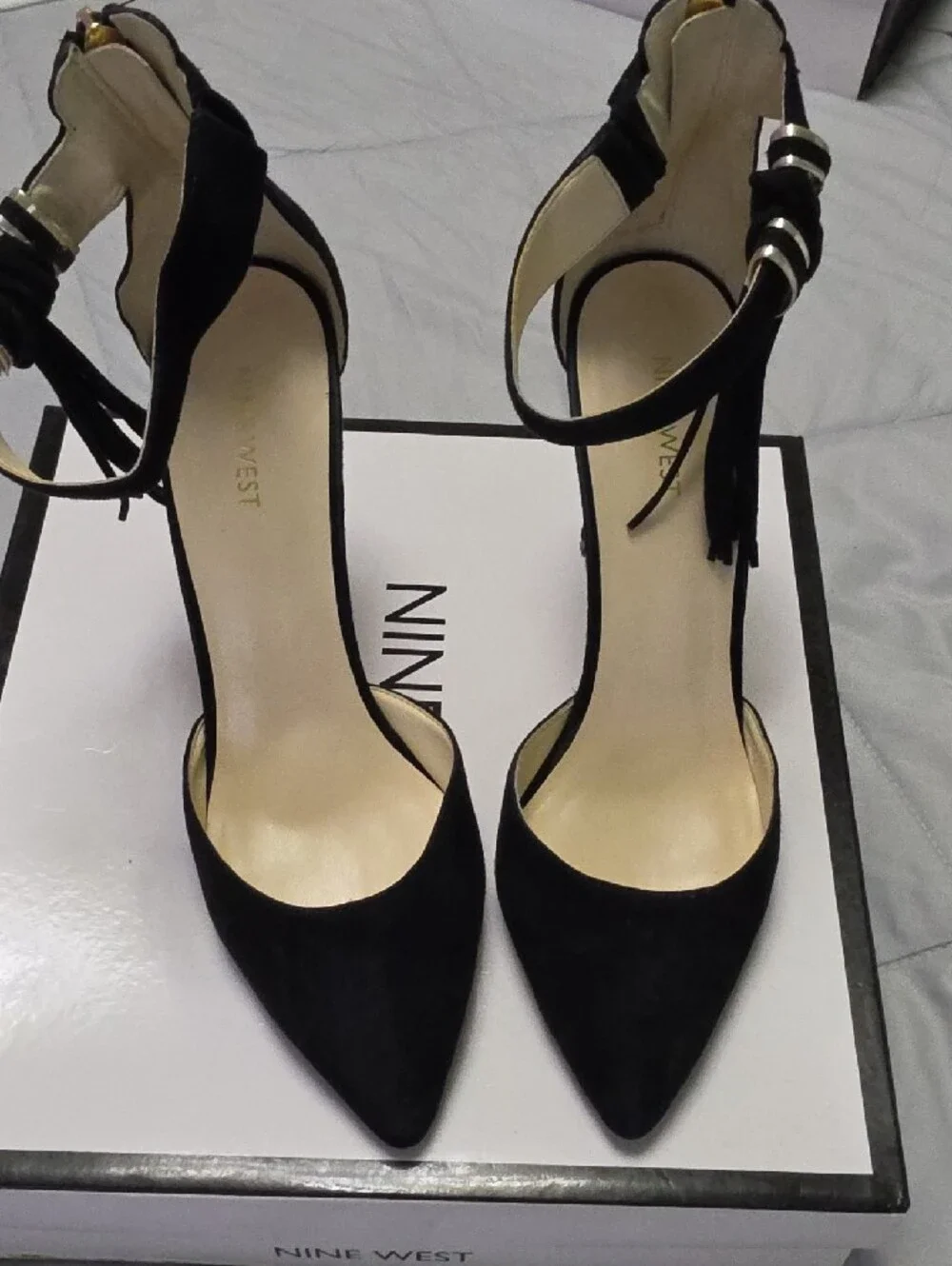 Nine West Black Suede Pointed Ankle-Strap Stiletto Heels with Tassel Detail